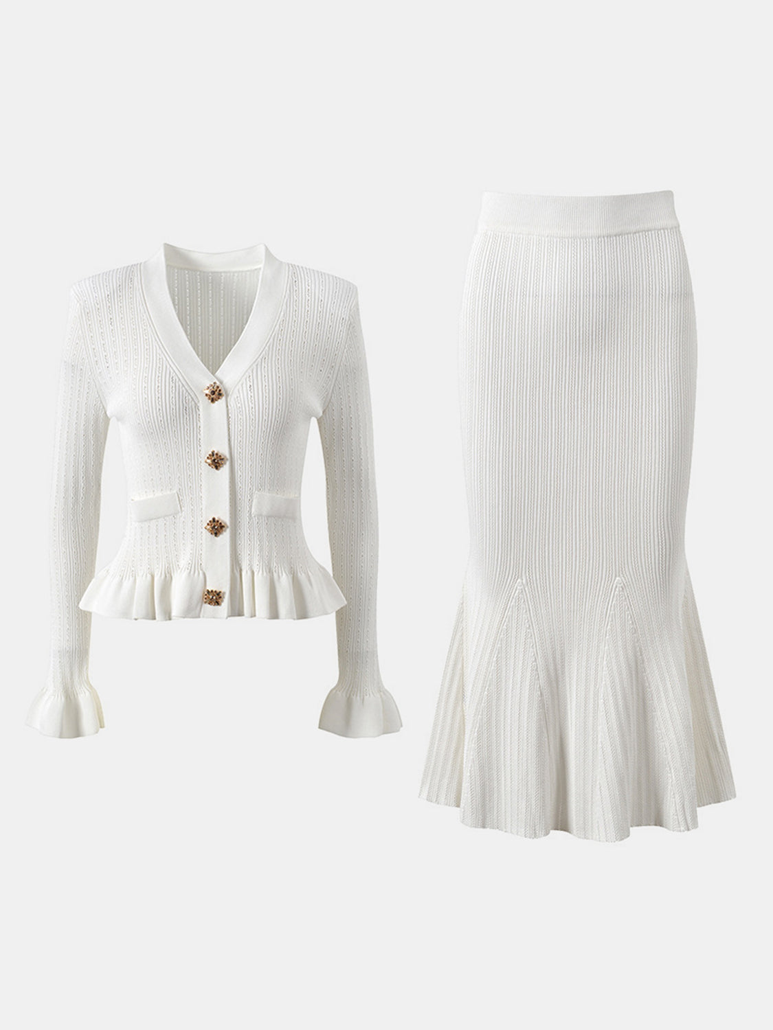 KayBee Ruffled V-Neck Top and Midi Skirt Sweater Set