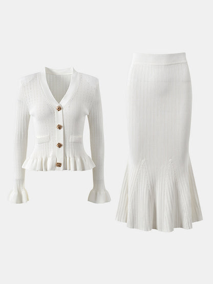 KayBee Ruffled V-Neck Top and Midi Skirt Sweater Set