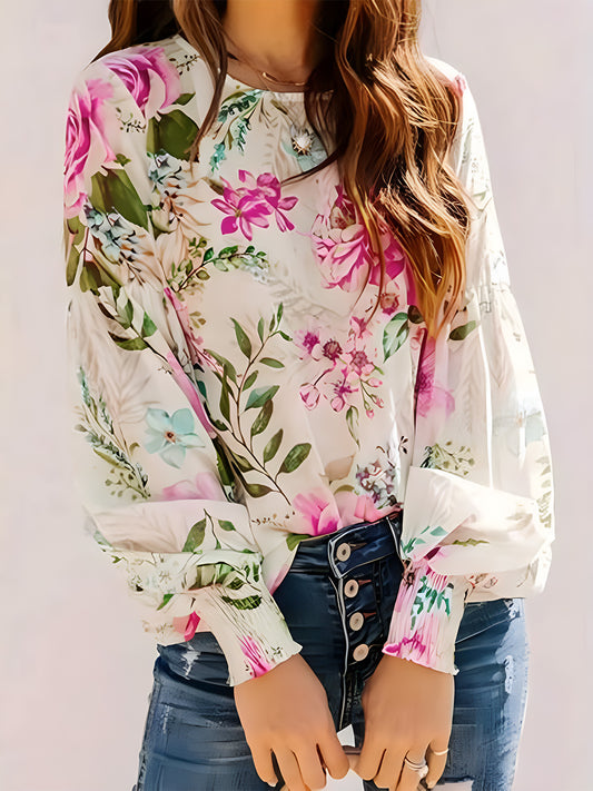 KayBee Printed Round Neck Lantern Sleeve Blouse