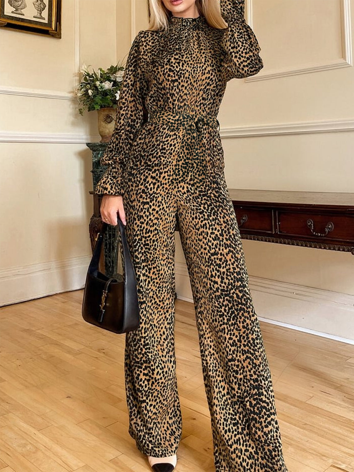 KayBee Leopard Flounce Sleeve Wide Leg Jumpsuit