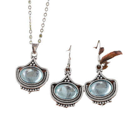 KayBee & Company Vintage Blue Oval Gemstone Pendant Necklace Earrings