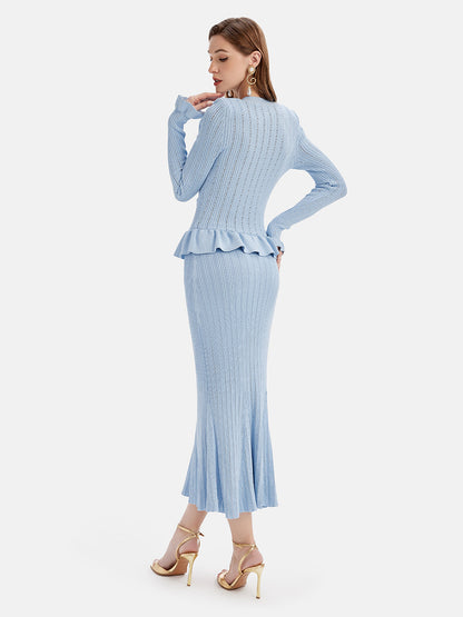 KayBee Ruffled V-Neck Top and Midi Skirt Sweater Set