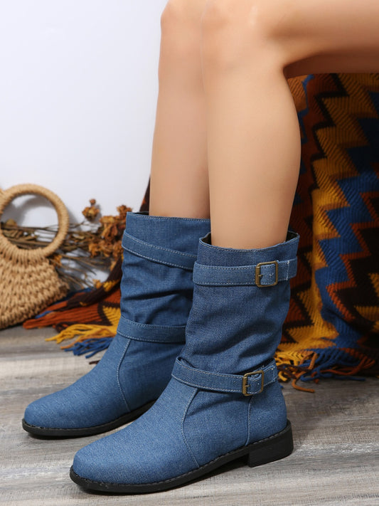 KayBee Denim'd Double Buckle Block Heel Boots