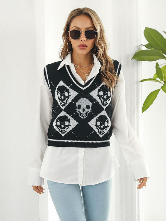 KayBee So Spooky Halloween Skull Contrast V-Neck Sweater Vest