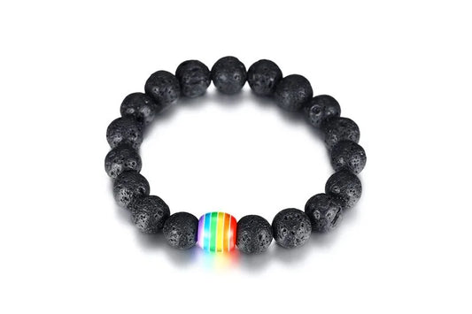 Natural Stone Black Beaded Bracelet with Rainbow Bead