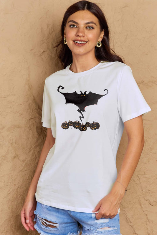 Simply Love Bat & Pumpkin Graphic Cotton T-Shirt