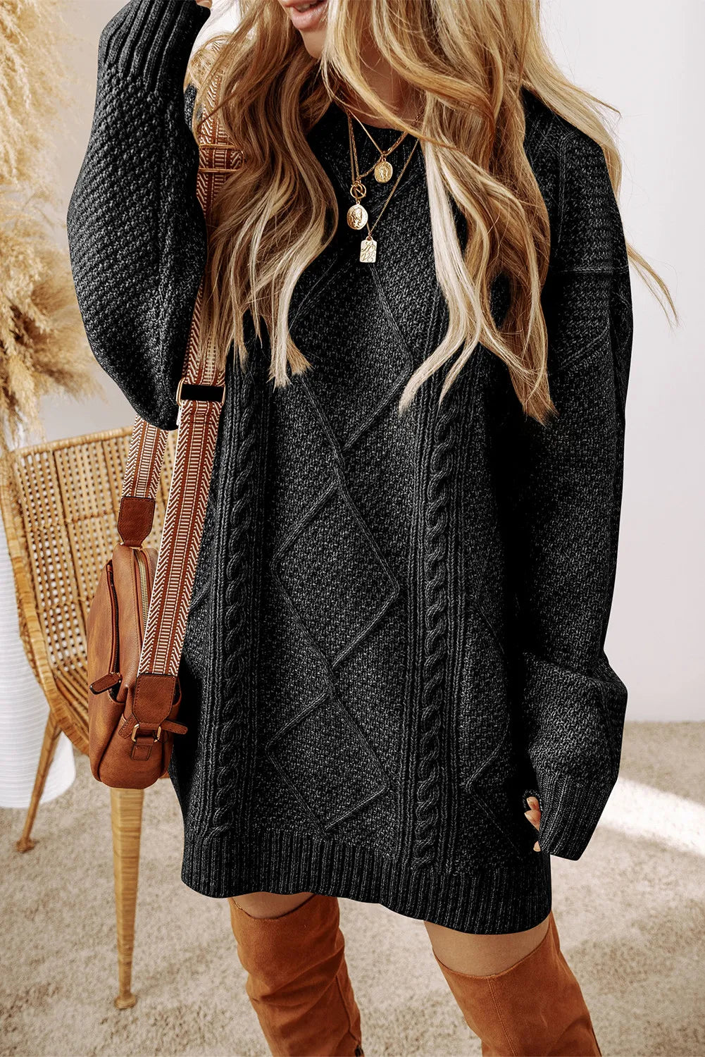 KayBee Cable-Knit Round Neck Sweater Dress