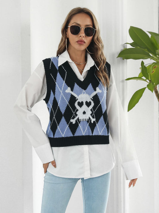 KayBee So Spooky Halloween Skull Geometric V-Neck Sweater Vest