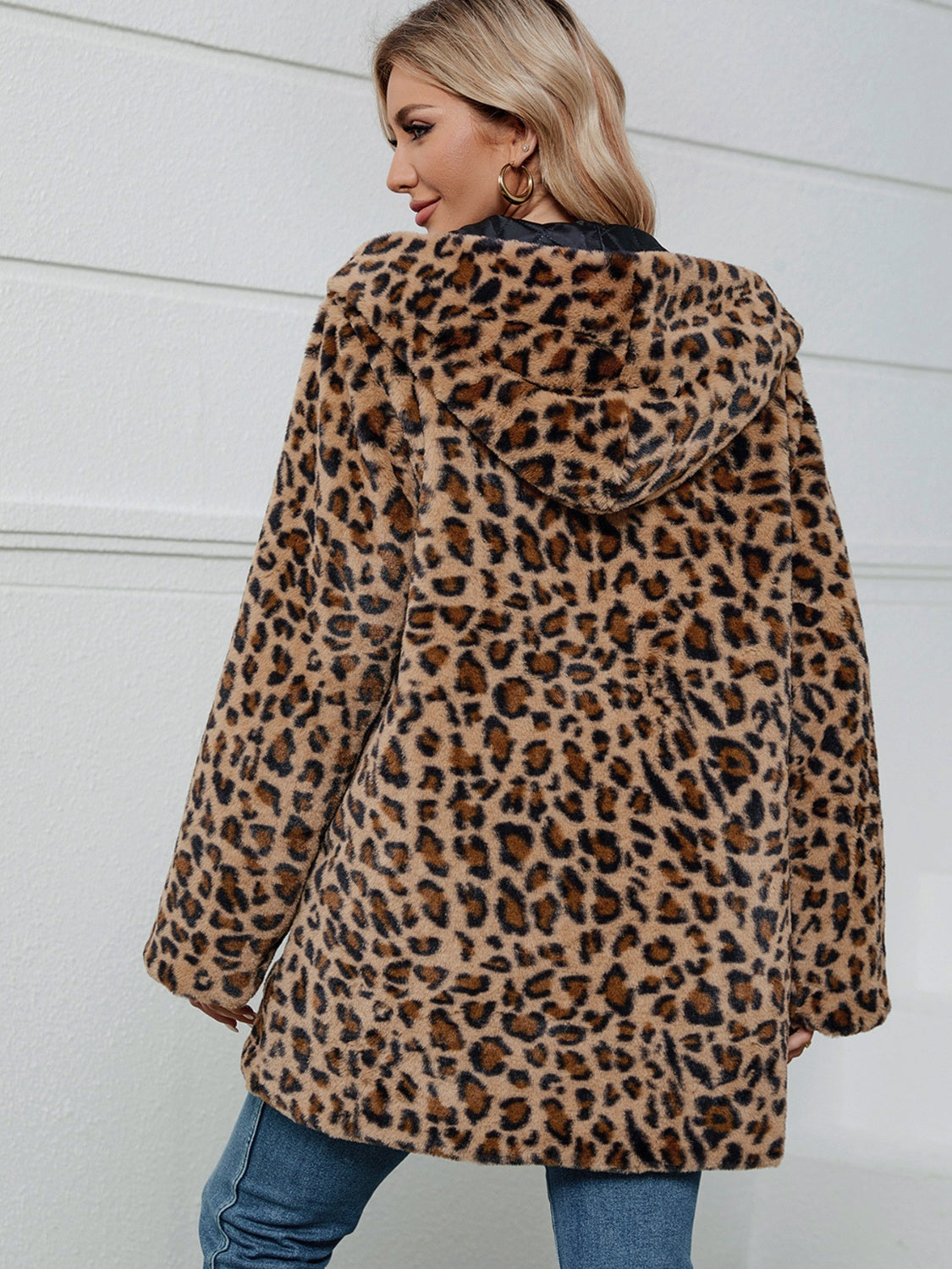 KayBee Fuzzy Leopard Hooded Long Sleeve Jacket