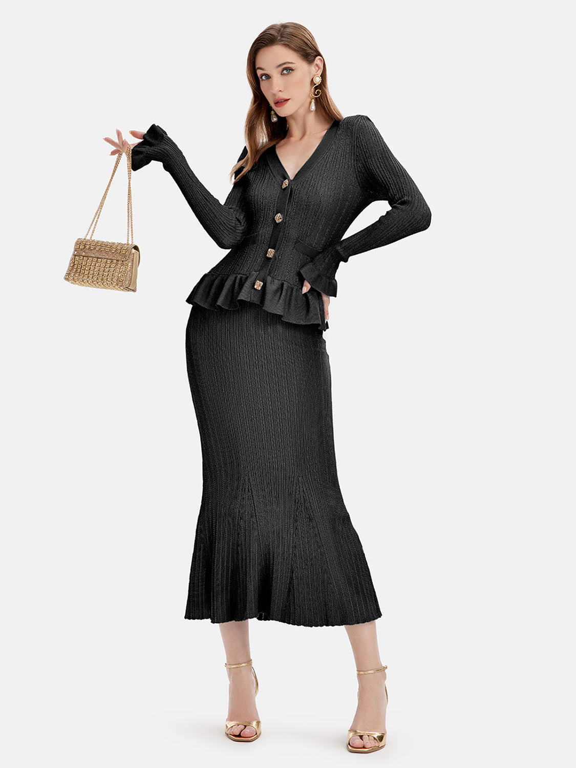 KayBee Ruffled V-Neck Top and Midi Skirt Sweater Set