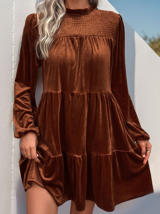 So Perfect Tiered Ruched Mock Neck Long Sleeve Dress