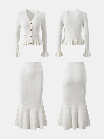 KayBee Ruffled V-Neck Top and Midi Skirt Sweater Set
