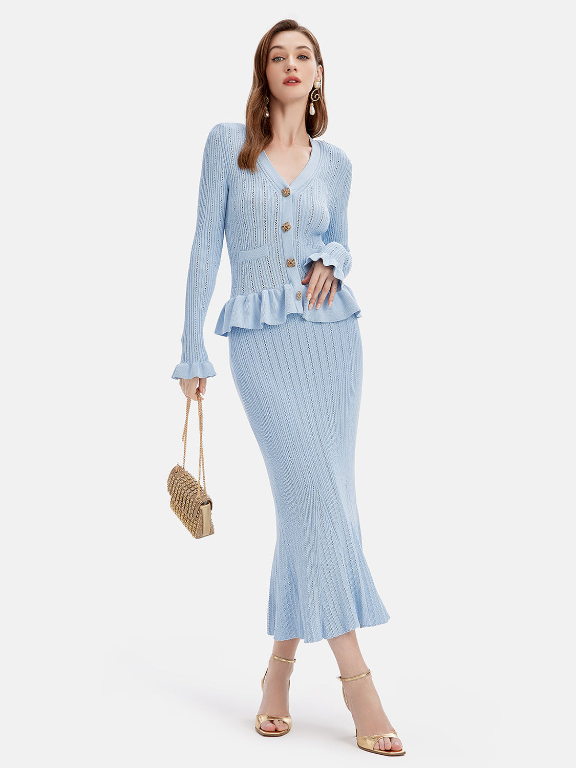 KayBee Ruffled V-Neck Top and Midi Skirt Sweater Set