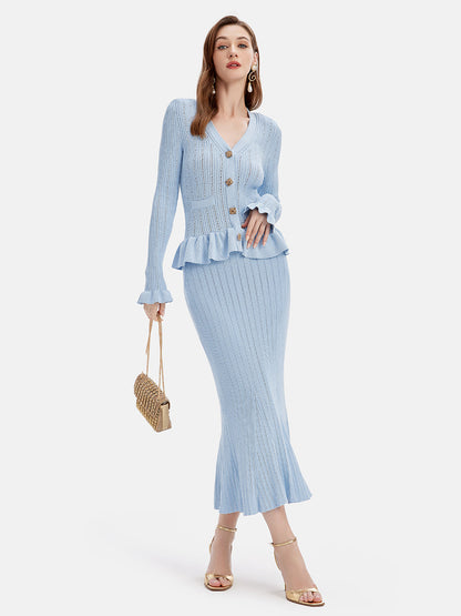 KayBee Ruffled V-Neck Top and Midi Skirt Sweater Set