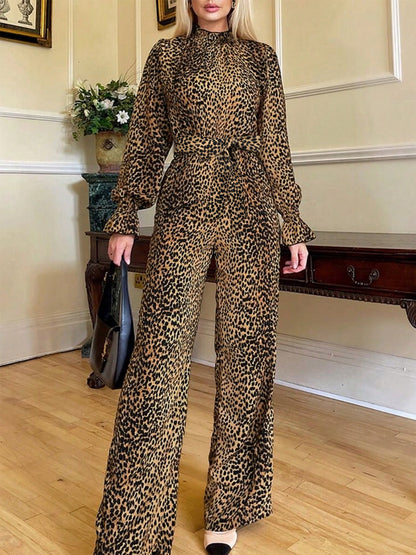 KayBee Leopard Flounce Sleeve Wide Leg Jumpsuit