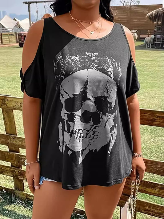 KayBee So Spooky Halloween DisSTRESSED Skeleton Graphic Round Neck Cold Shoulder T-Shirt