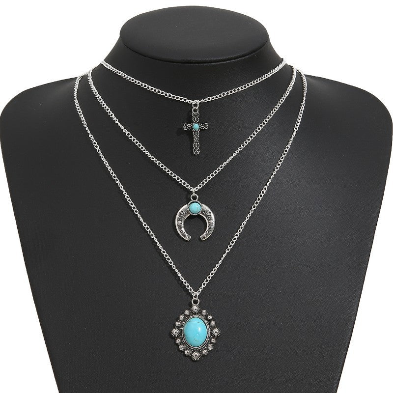 KayBee & Company Turquoise Three-Layered Crescent Cross Vintage Necklace