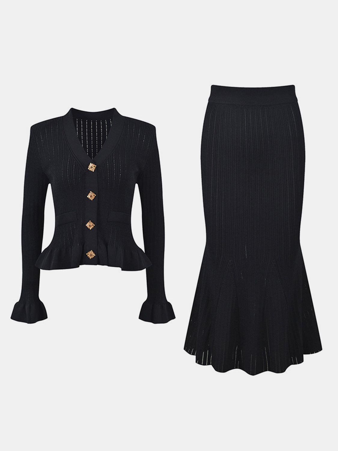 KayBee Ruffled V-Neck Top and Midi Skirt Sweater Set