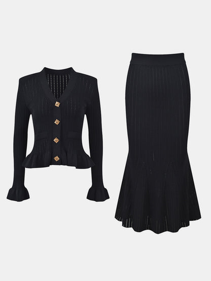 KayBee Ruffled V-Neck Top and Midi Skirt Sweater Set