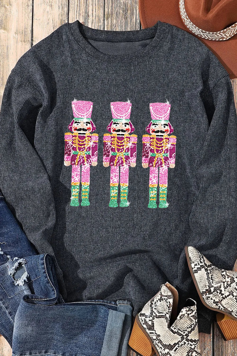 KayBee Sequin Nutcracker Round Neck Long Sleeve Sweatshirt