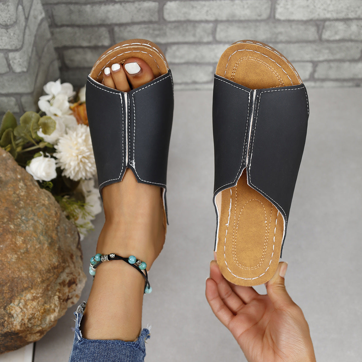 KayBee Soft Leather Slide In Open Toe Sandals