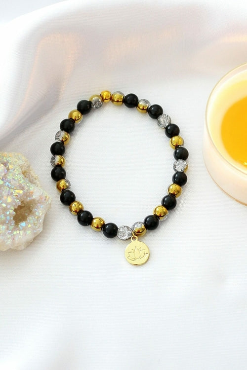 Handmade Obsidian Bracelet | 24K Lotus Flower Charm