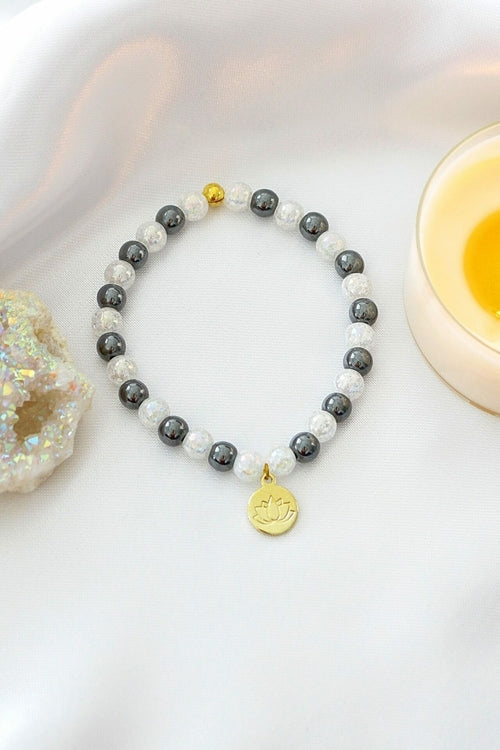 Handmade Hematite Bracelet | 24K Lotus Flower Charm