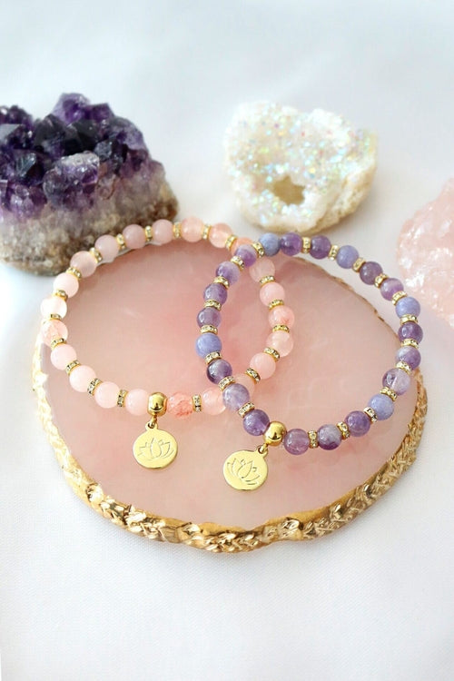 Handmade Rose Quartz – Amethyst Beaded Bracelet | 24K Lotus Flower Charm