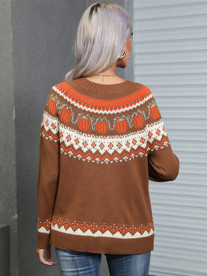 Angel Wings Pumpkins Geometric Round Neck Long Sleeve Sweater