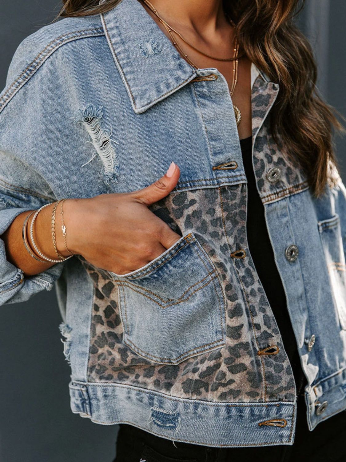 KayBee & Company Distressed Leopard Drop Shoulder Denim Jacket