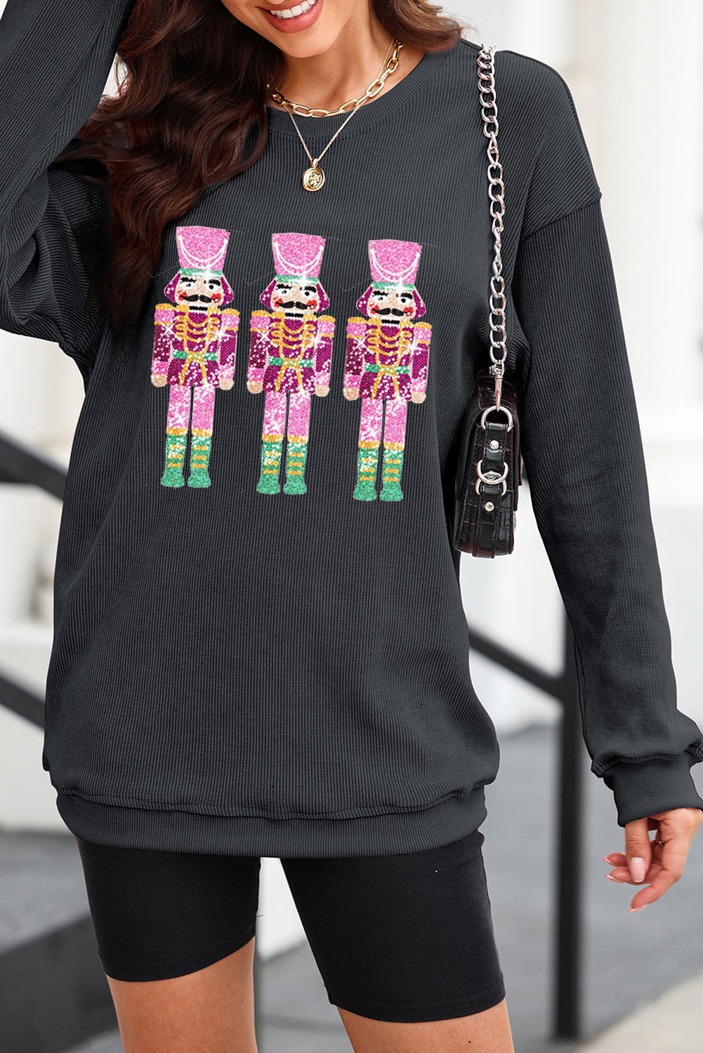 KayBee Sequin Nutcracker Round Neck Long Sleeve Sweatshirt