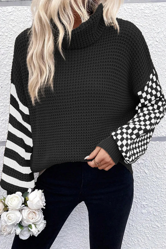 KayBee Checkered Striped Turtleneck Long Sleeve Sweater