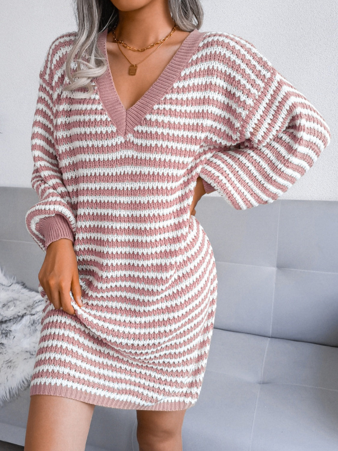 KayBee & Company Striped V-Neck Long Sleeve Mini Sweater Dress