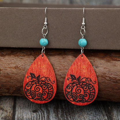 KayBee So Spooky Halloween Turquoise Wooden Pumpkin Teardrop Earrings