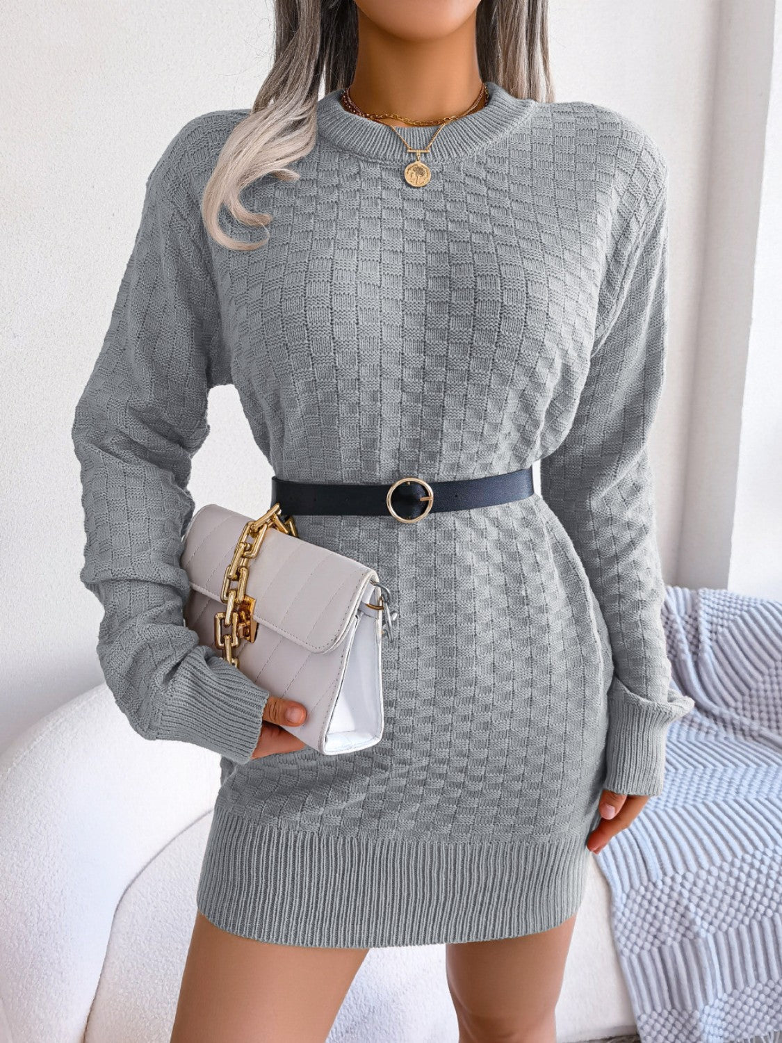 KayBee & Company Soft Stretch Round Neck Long Sleeve Mini Sweater Dress