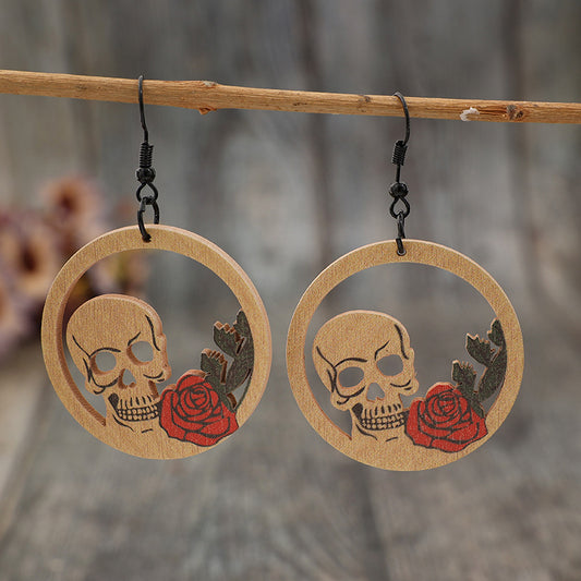 KayBee So Spooky Halloween Skeleton Red Rose Wooden Earrings