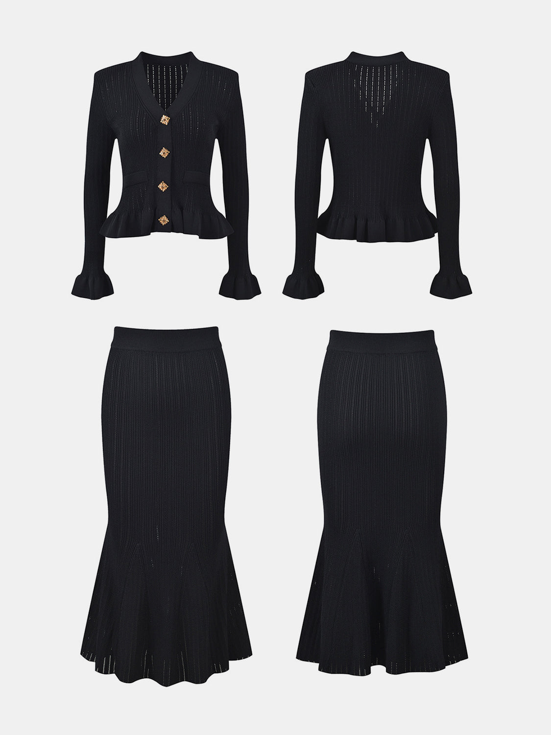 KayBee Ruffled V-Neck Top and Midi Skirt Sweater Set