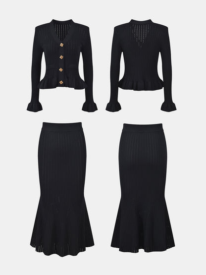 KayBee Ruffled V-Neck Top and Midi Skirt Sweater Set