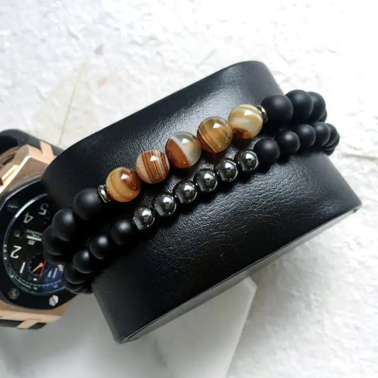 Natural Stone / Black Hematite Double Beaded Bracelet